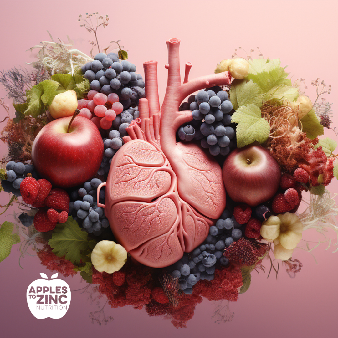 A healthy heart surrounded by nutrient rich foods such as apples and berries